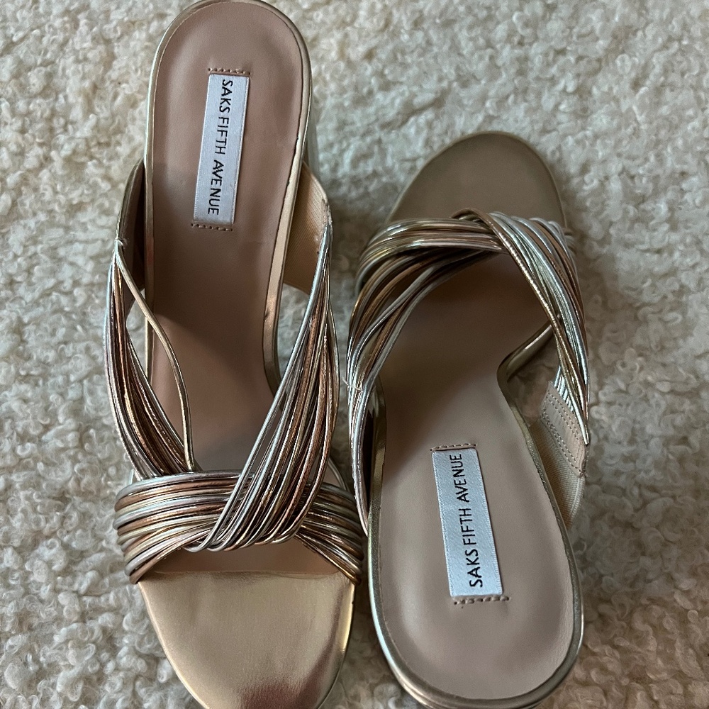 NWT/Box - Gold/Silver/Bronze Metallic Stacked Heel - Size 9 - Saks Fifth Avenue